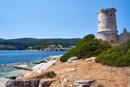 ruins of the historical lighthouse in Fiskardo on the island of Kefalonia, Greeceの写真素材