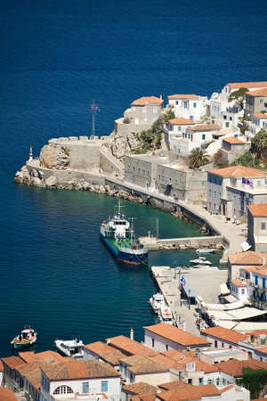 View of the harbour in traditional greek village, Hydra island, Greeceのeditorial素材