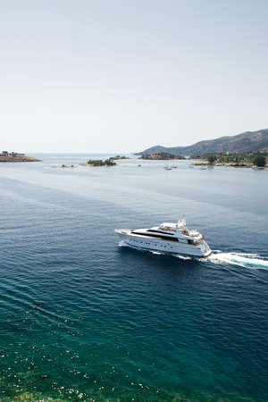 Luxury yacht in the waters of the Mediterranean sea near the Poros island, Greece