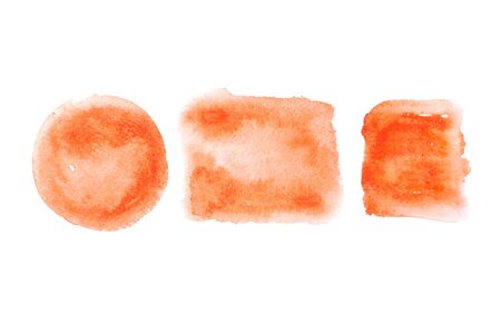 Trend photo on the theme of fashionable orange hue this season. Three bright strokes of watercolor paint of different geometric shapes on a white paper background.の写真素材