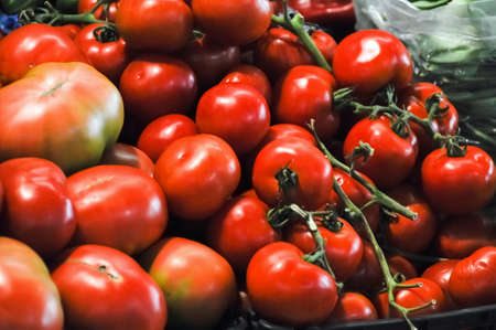 Many big red tomatoes in a market in south portugal  の写真素材