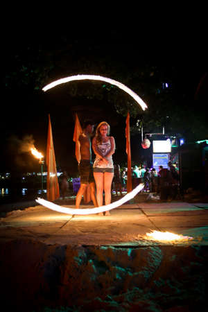 PHI PHI ISLAND, KRABI,THAILAND-MARCH 10,2020 : Amazing Fire Show at night on Phi Phi Island in Krabi Thailand.のeditorial素材