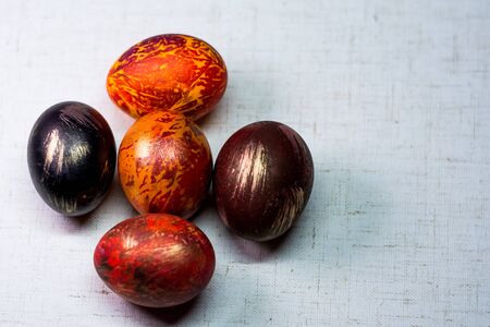 Painted in different colors Easter eggs on a white backgroundの写真素材