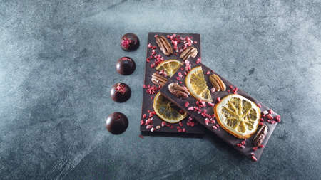 Artisan handmade chocolate. Chocolate bars with dried fruit