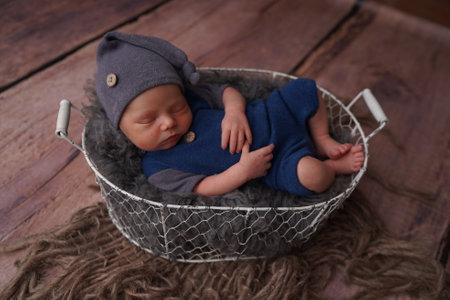 Sleeping newborn boy in the first days of life. Newborn photo session.の写真素材