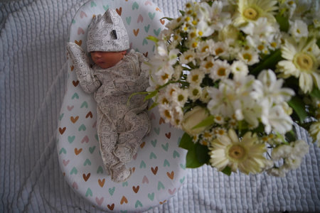 Newborn baby surrounded by beautiful flowersの写真素材