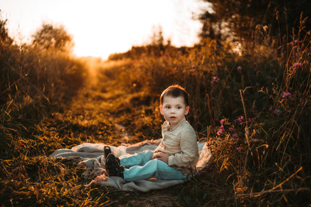A little two-year-old boy in a field with tall grassの写真素材