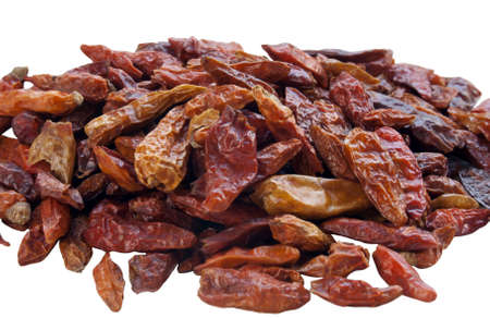 Dry chilli peppers on white backgroundの写真素材