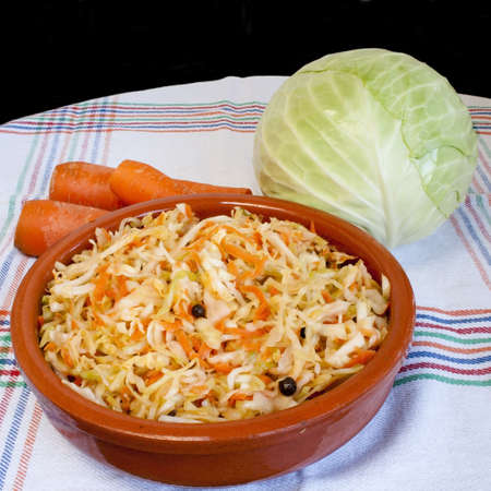 Sour cabbage in ceramic bowl with cabbage and carrotの写真素材