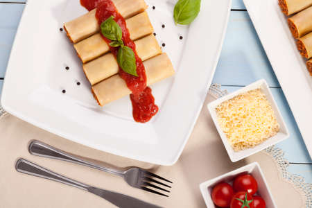 cannelloni on a plate with meat and tomato sauceの写真素材