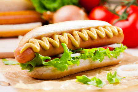 Hot dogs with mustard, ketchup on a picnic tableの写真素材