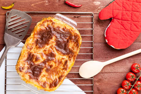 Fresh homemade Lasagne in a gratin dish