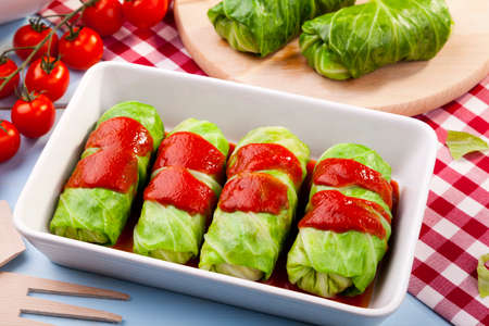 cabbage stuffed with rice and meat on plateの写真素材
