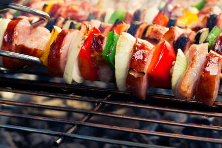 grilled skewers of meat and vegetablesの写真素材