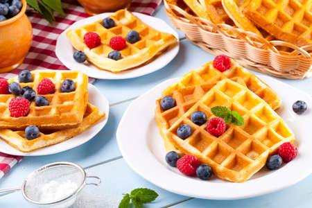 Homemade waffles with fruitsの写真素材