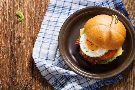 Sandwich with a fried egg, bacon, cheese and vegetables.の写真素材