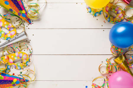 Decoration for the party. design concept. wooden white background. Top view.の写真素材