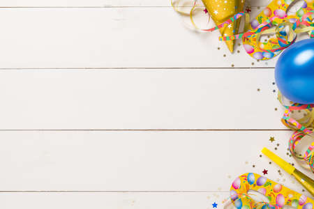 Decoration for the party. design concept. wooden white background. Top view.の写真素材