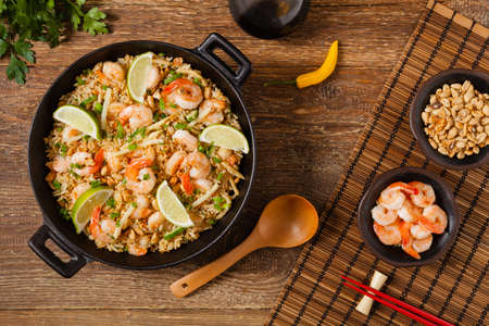 Fried rice with shrimp in Thai. Prepared in wok. Top view.の写真素材
