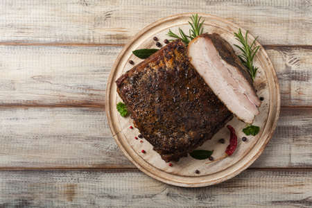 Baked whole pork bacon.  Top view. の写真素材