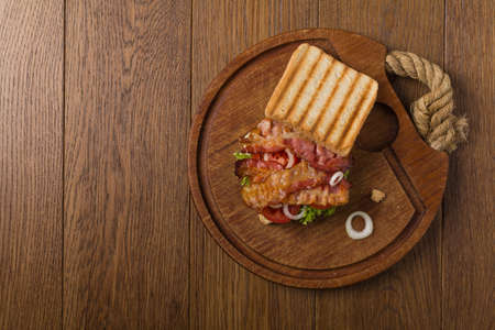 Toasted sandwich with bacon, tomato, cucumber and lettuce. Top view.の写真素材