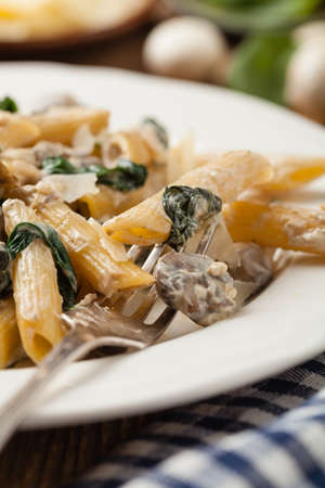 Penne pasta with spinach and mushrooms. Sprinkled with cheese. Front view. の写真素材