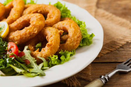 Roasted squid rings with salad and deep. Front view.の写真素材