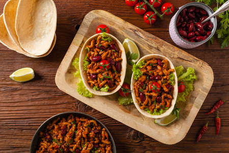 Buritos in stuff stands. Top view, Flat lay.の写真素材