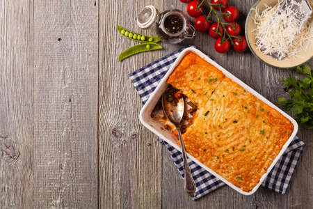 Cottage pie with beef and potatoes. Top view.の写真素材