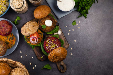 Vege burgers with carrots, beetroots and mushrooms.の写真素材