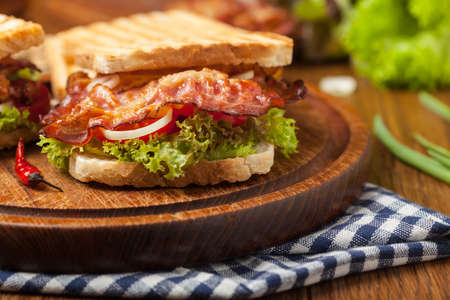 Toasted sandwich with bacon, tomato, cucumber and lettuce. Front view.