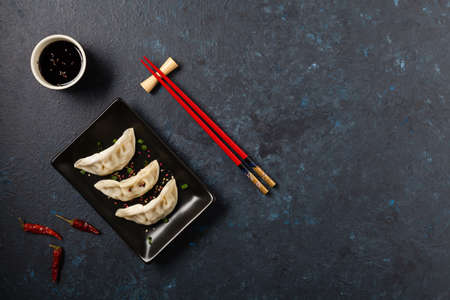 Original Japanese dumplings Gyoza with chicken and vegetables. Top view. Flat lay. Dark blue backgrund.の写真素材