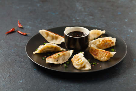 Original Japanese dumplings Gyoza with chicken and vegetables. Front view. Dark blue backgrund.の写真素材