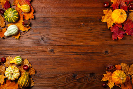 Wooden background. Arranged autumn leaves and pumpkins. Top view.の写真素材