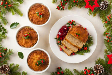 Small, baked patties in Christmas decoration. Top view.