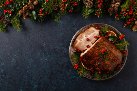 Roast pork neck in Christmas style.の写真素材