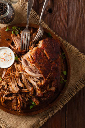 Pulled pork on a wooden board. Top view.の写真素材