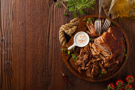 Pulled pork on a wooden board. Top view.の写真素材