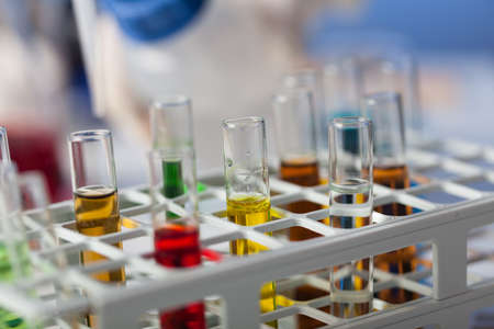 Examination of samples in the laboratory. Close up of test tubes with test material.の写真素材