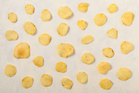 Background made of chips, prays and/or popcorn. Top view.の写真素材