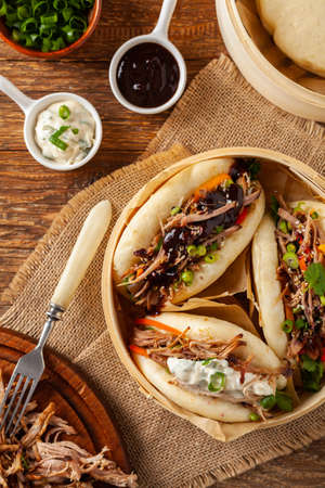 Pulled pork in a Bao Bao roll. Top view.の写真素材
