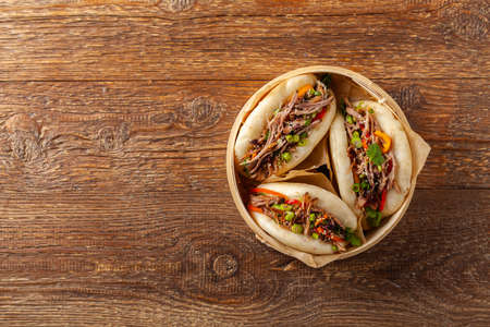 Pulled pork in a Bao Bao roll. Top view.の写真素材