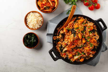 Kimchi cabbage with chicken. Prepared in a wok. Top view.の写真素材