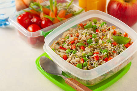 Trendy lunch with rice and vegetables. Served in a portable box on a bright painted background. Perfect for work or school. Front view.の写真素材