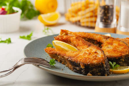 Fried carp in pieces, served on a gray plate. Marbled bright background. Front view.の写真素材