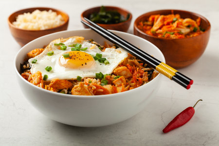 Kimchi cabbage with rice and chicken. Served in a white bowl on a light marble background. Front view.の写真素材
