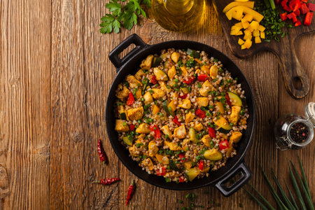 Buckwheat with chicken and vegetables. Top view.の写真素材