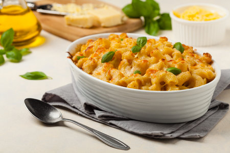 Traditional North American dish. Baked pasta with cheese.の写真素材