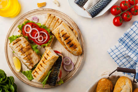 Traditional Turkish sandwich with a scorched mackerelの写真素材