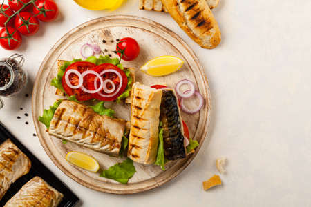 Traditional Turkish sandwich with a scorched mackerelの写真素材